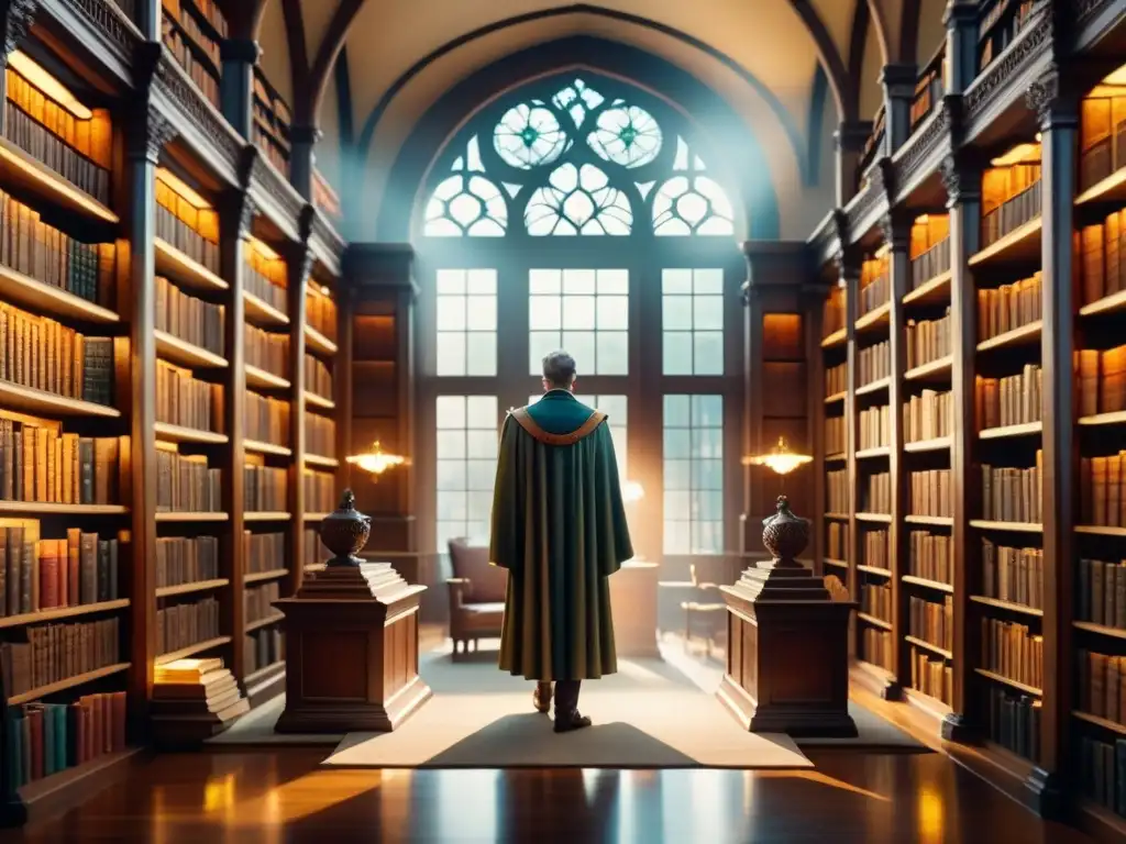 Representación artística de una majestuosa biblioteca llena de libros antiguos, iluminada por la luz cálida y rodeada de personajes literarios