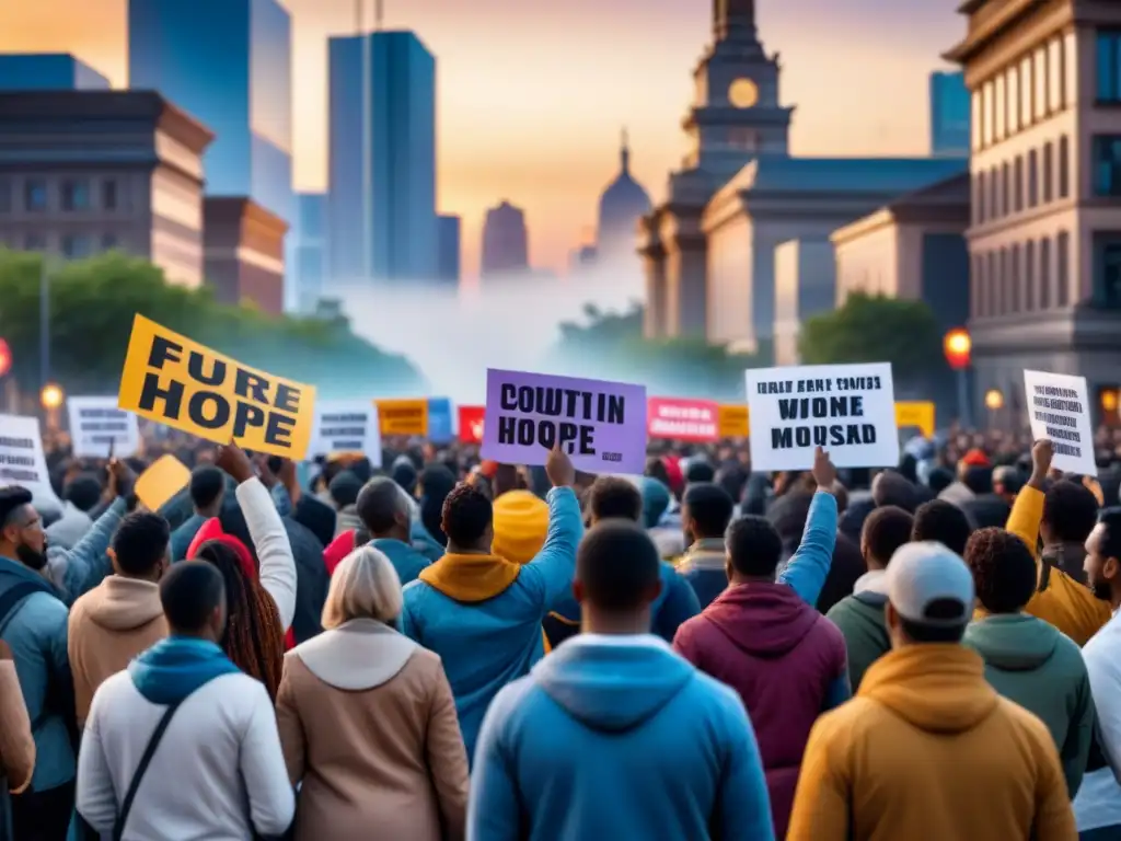 Manifestación artística con pancartas multicolores en la ciudad al atardecer, reflejando unidad y diversidad