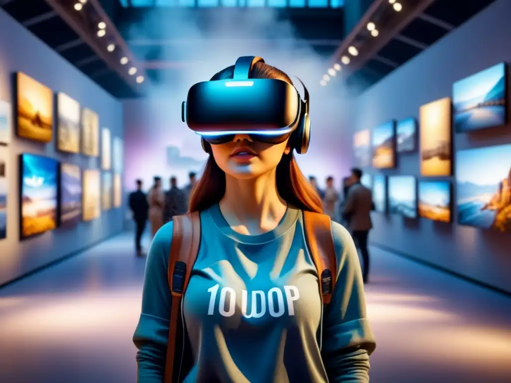 Exhibición artística con realidad virtual: obras digitales en galería virtual y visitantes disfrutando experiencias inmersivas