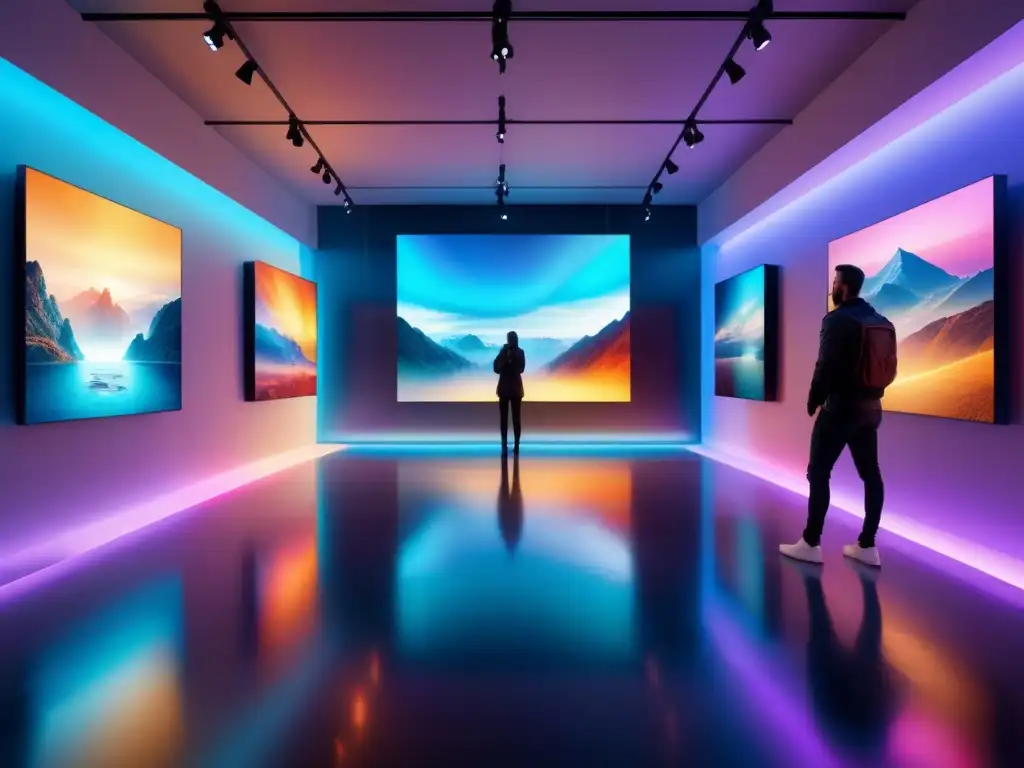 Un asombroso salón de arte futurista con revolución arte digital NFTs en vibrantes obras digitales