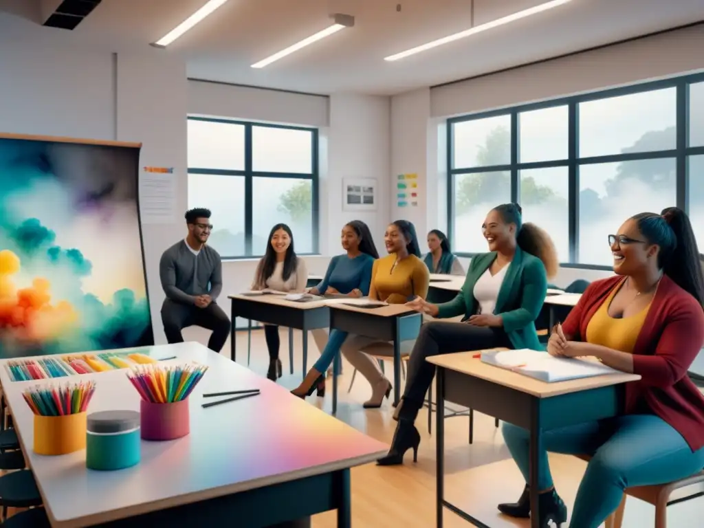 Un aula vibrante donde estudiantes se expresan con danza, música y arte, inspirados por la Importancia del performance art educativo