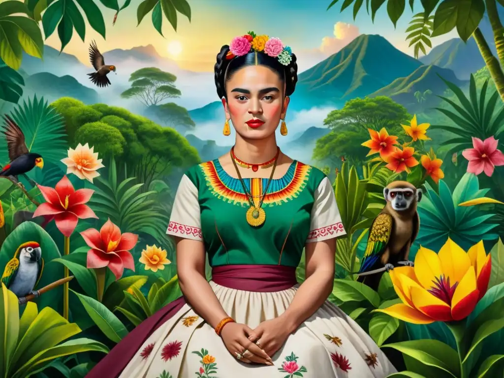 Un autorretrato acuarela detallado de Frida Kahlo en un exuberante jardín rodeada de flores exóticas, monos y loros