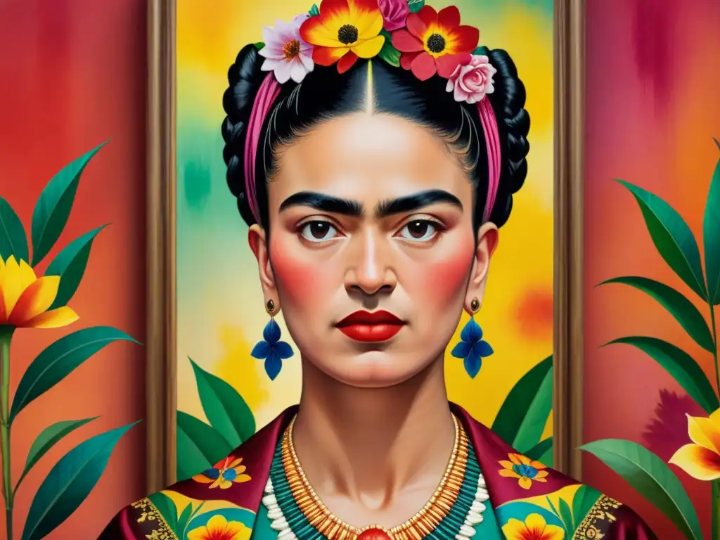 Un autorretrato detallado en acuarela de Frida Kahlo, reflejando sus emociones y su icónica ceja