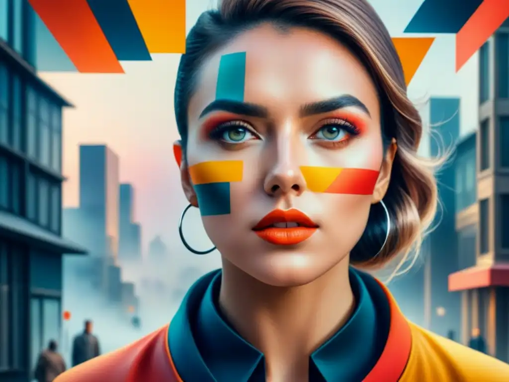Un autorretrato fragmentado en acuarela con expresiones faciales y formas abstractas, simbolizando la identidad en arte postmodernista