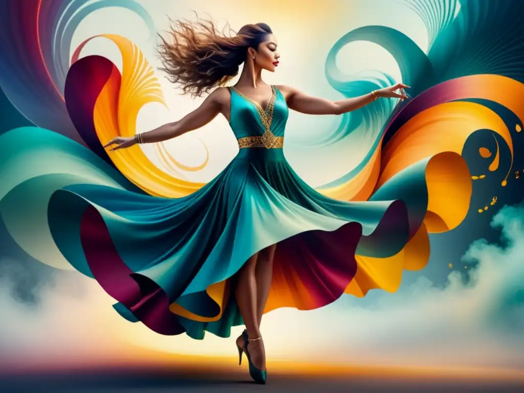 Una bailarina grácil rodeada de ondas de sonido y colores vibrantes, fusionando arte sonoro, danza e intersecciones culturales