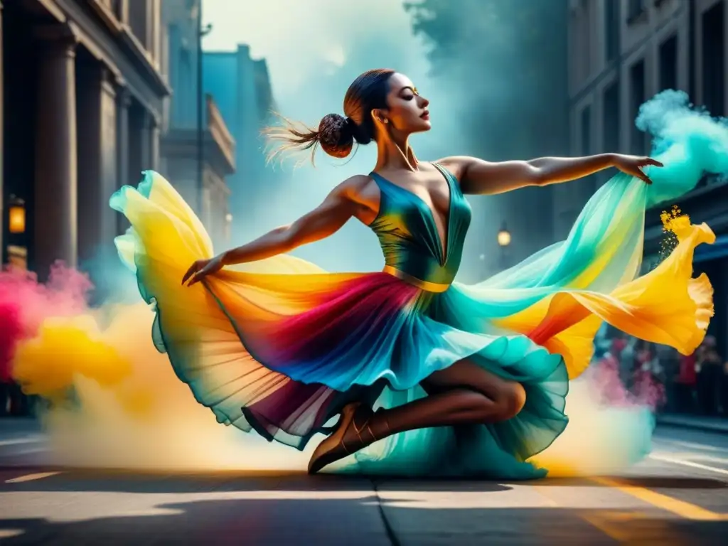 Una bailarina en una pose hipnótica rodeada de colores vibrantes, fusionando arte visual, danza y movimiento