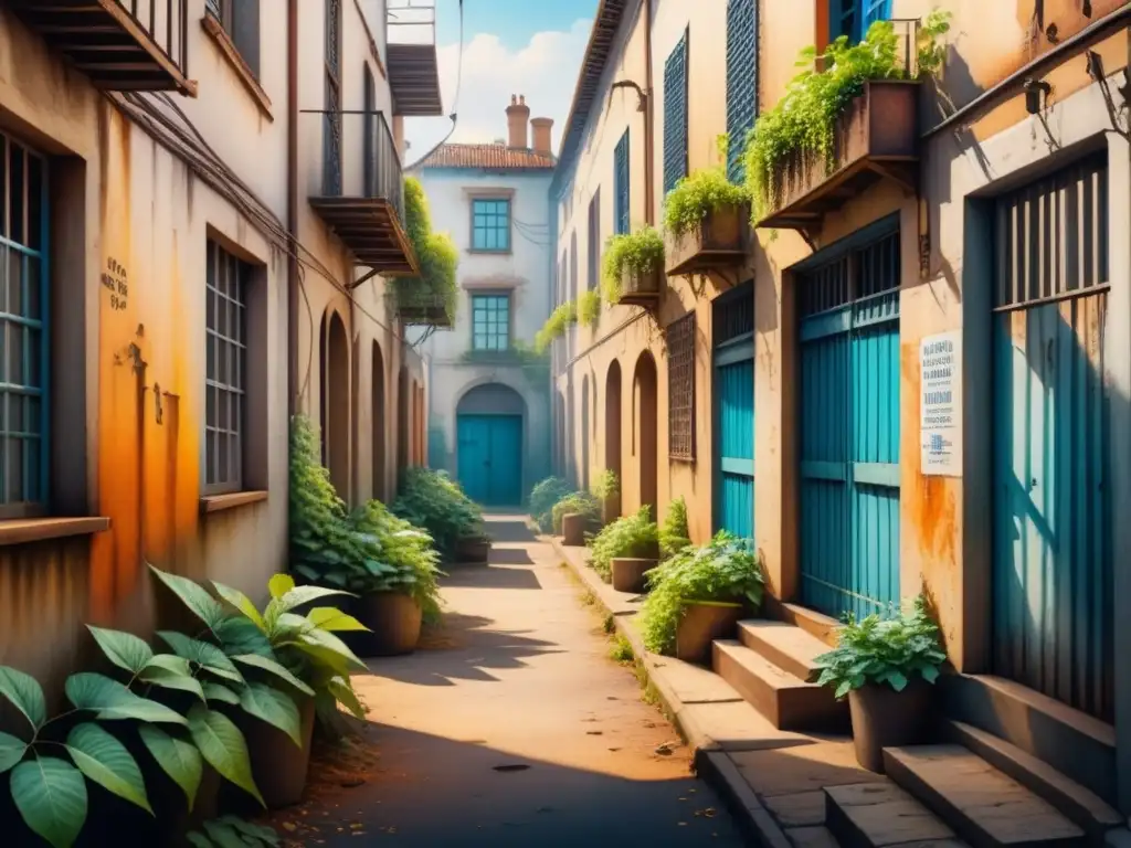 Explorando la belleza en la decadencia urbana: un callejón con graffiti, ventanas rotas y enredaderas, bañado en cálida luz solar