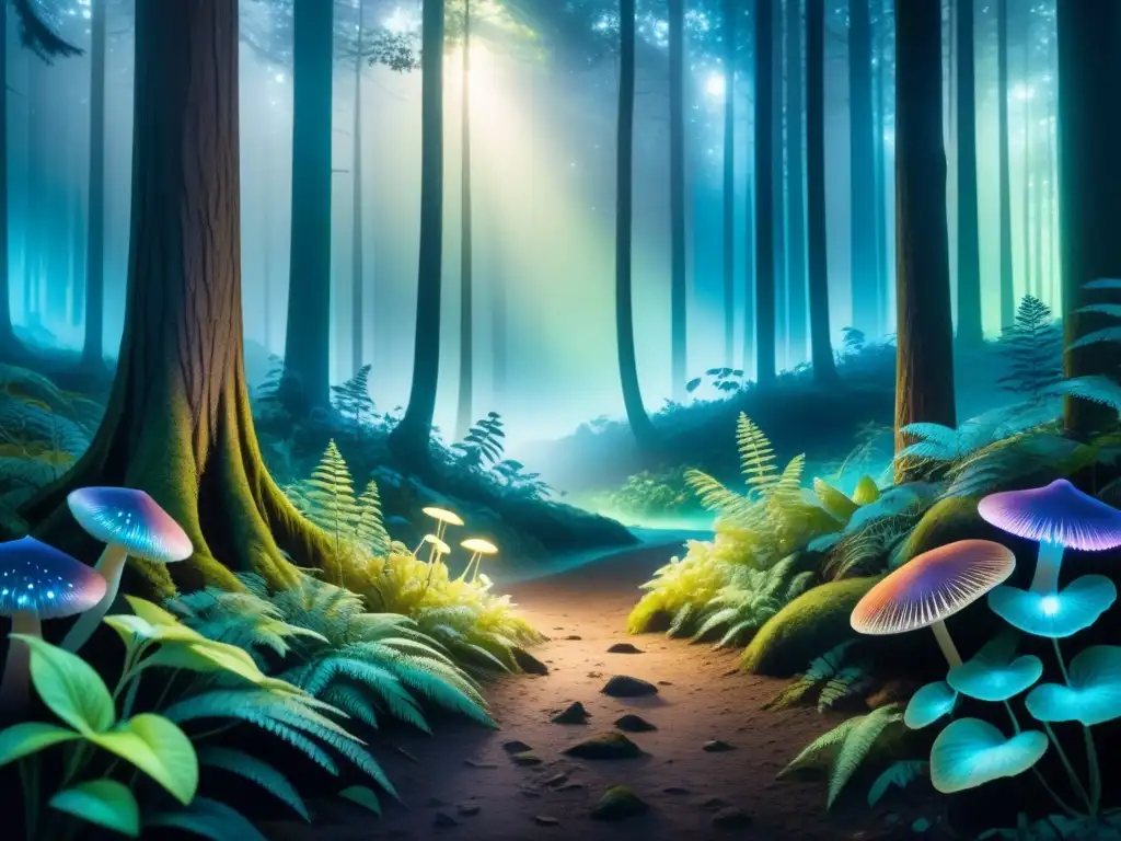 Un bosque exuberante iluminado por la bioluminiscencia, mostrando la belleza natural