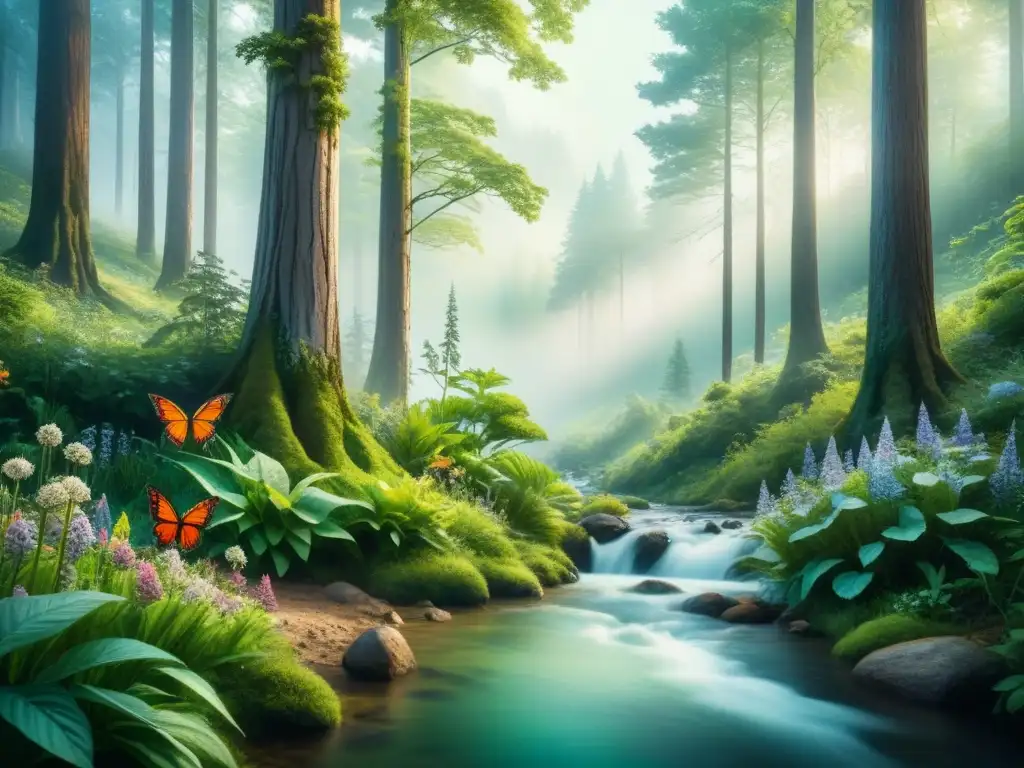 Un bosque exuberante ilustrado en acuarela, destacando la biodiversidad y la belleza de la naturaleza