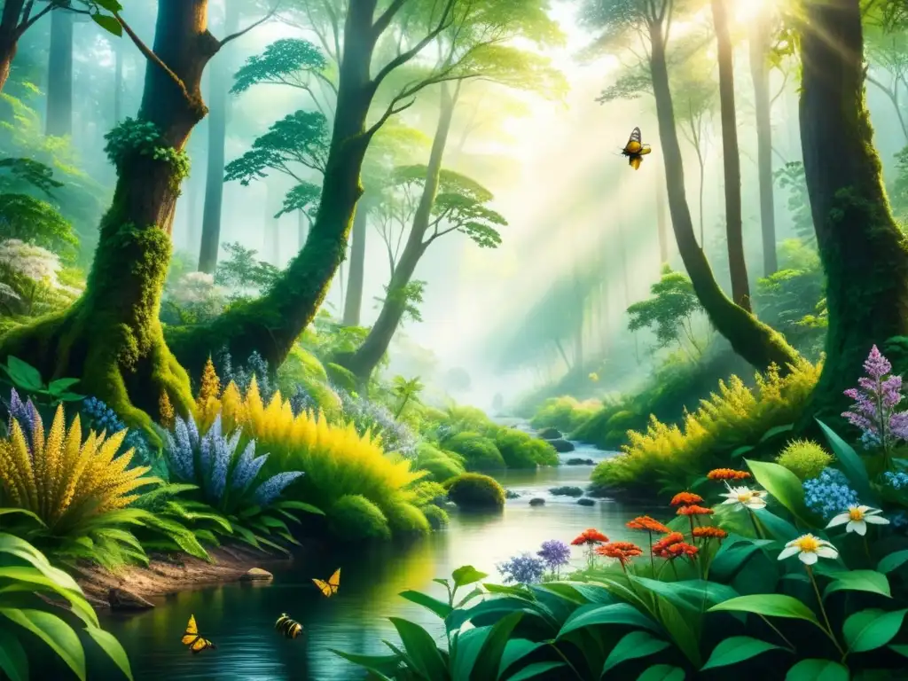 Pintura acuarela detallada: bosque exuberante, vida silvestre vibrante Un bosque exuberante con vida silvestre y flores coloridas en un detallado arte ecológico
