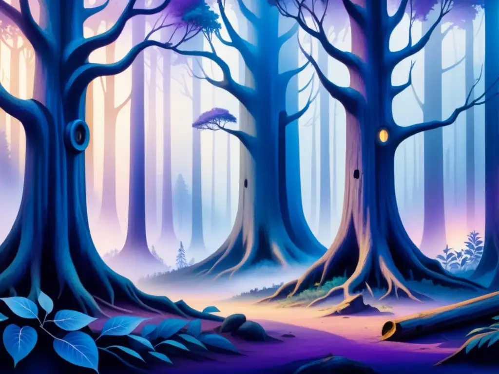 Un bosque misterioso con mensajes ocultos, enigmático arte de significado profundo