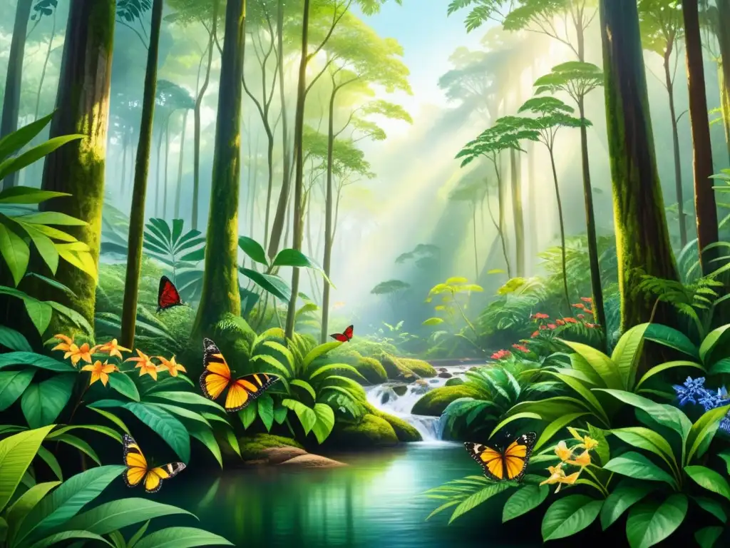 Un bosque tropical vibrante con flora y fauna variada