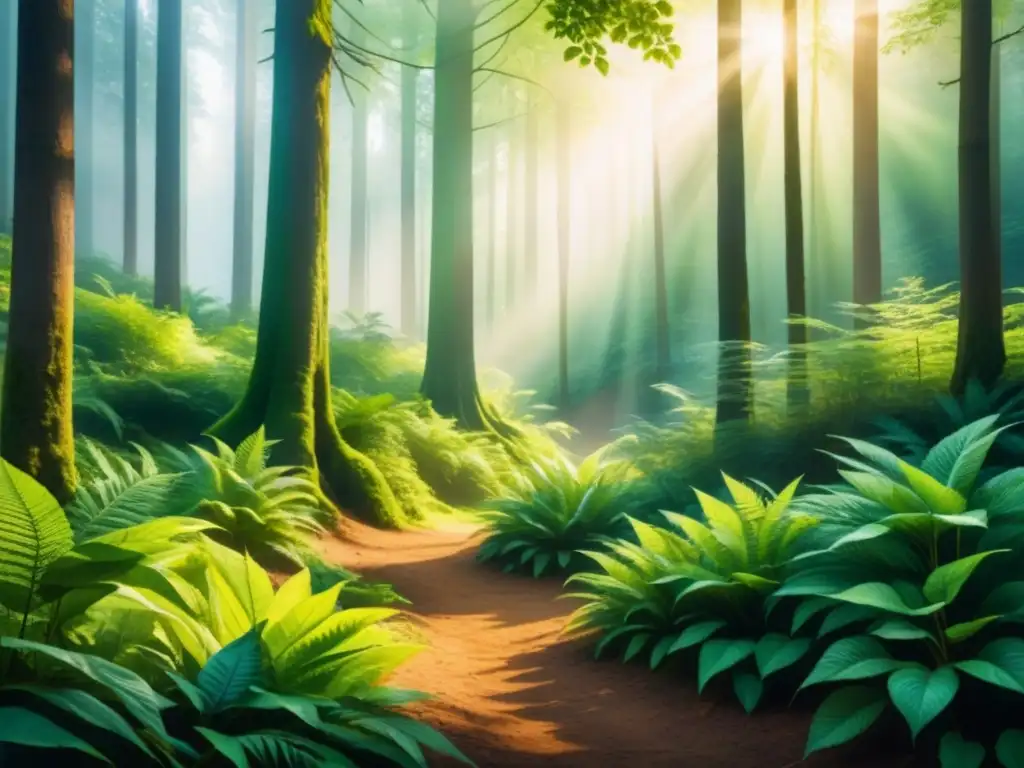 Un bosque verde exuberante con luz solar filtrándose entre las hojas, creando una atmósfera de tranquilidad y belleza natural