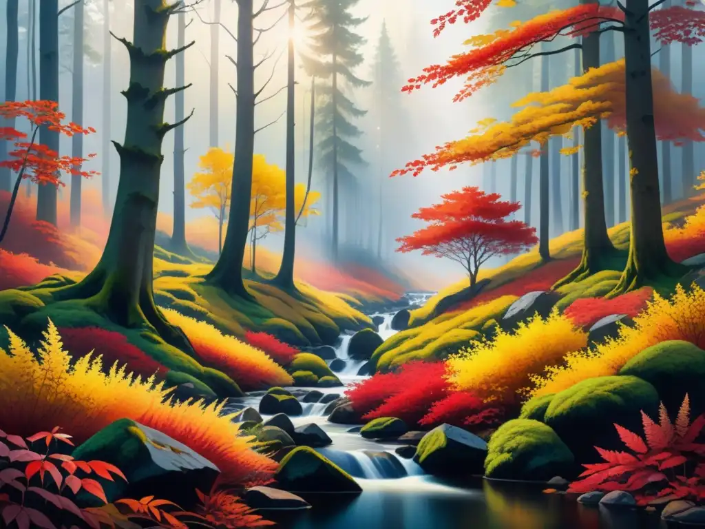 Un bosque vibrante en otoño, pintado con técnicas revolucionarias arte visual