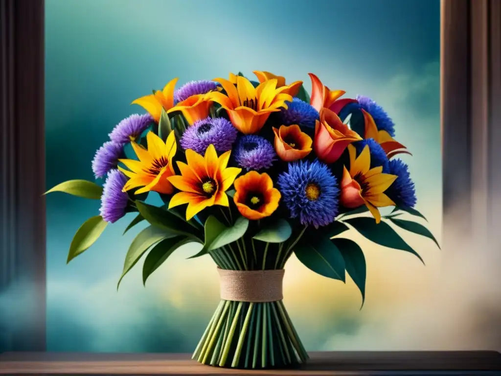 Un bouquet de flores vibrantes pintado con los mejores pinceles para arte visual, mostrando detalles intrincados y colores ricos