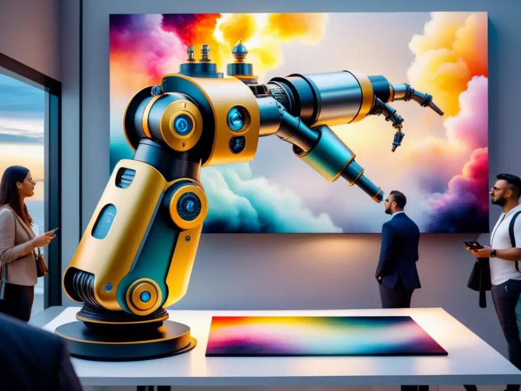 Un brazo robótico crea arte visual con robots creativos ante una audiencia asombrada en una galería