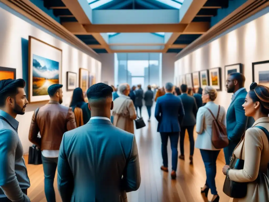 Galaxia Creativa: Arte Vibrante en la Era Postmoderna Un bullicioso y diverso galería de arte refleja la creatividad en medio de crisis económicas