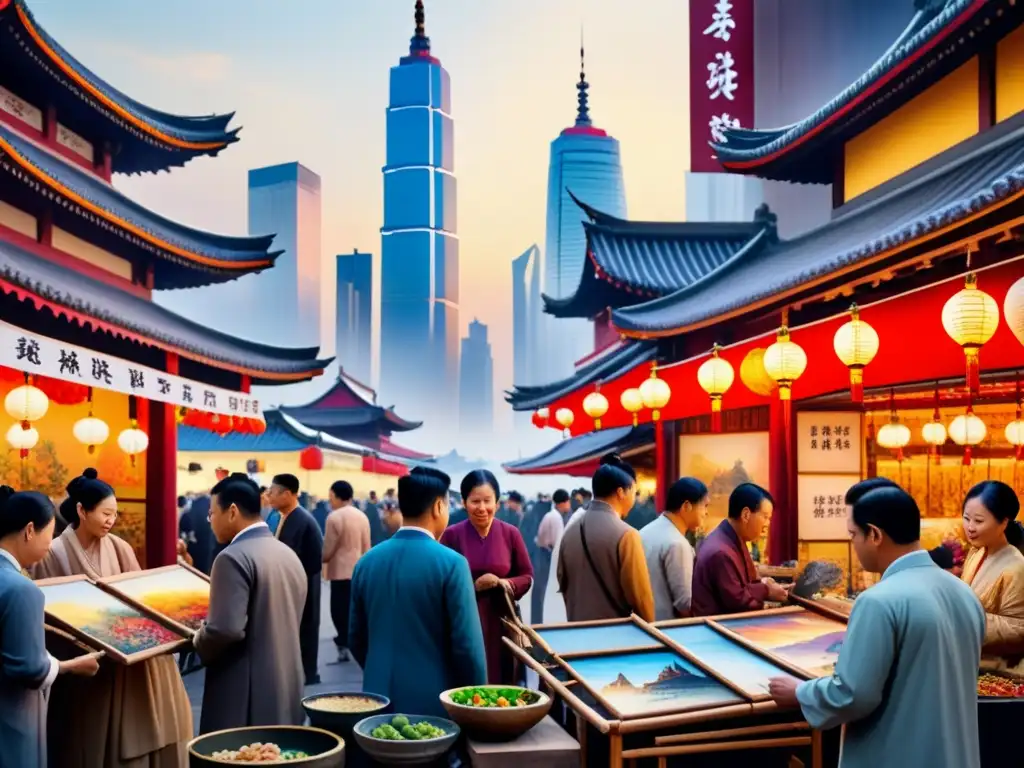 Un bullicioso mercado de arte asiático con artistas emergentes creando obras, entre curiosos