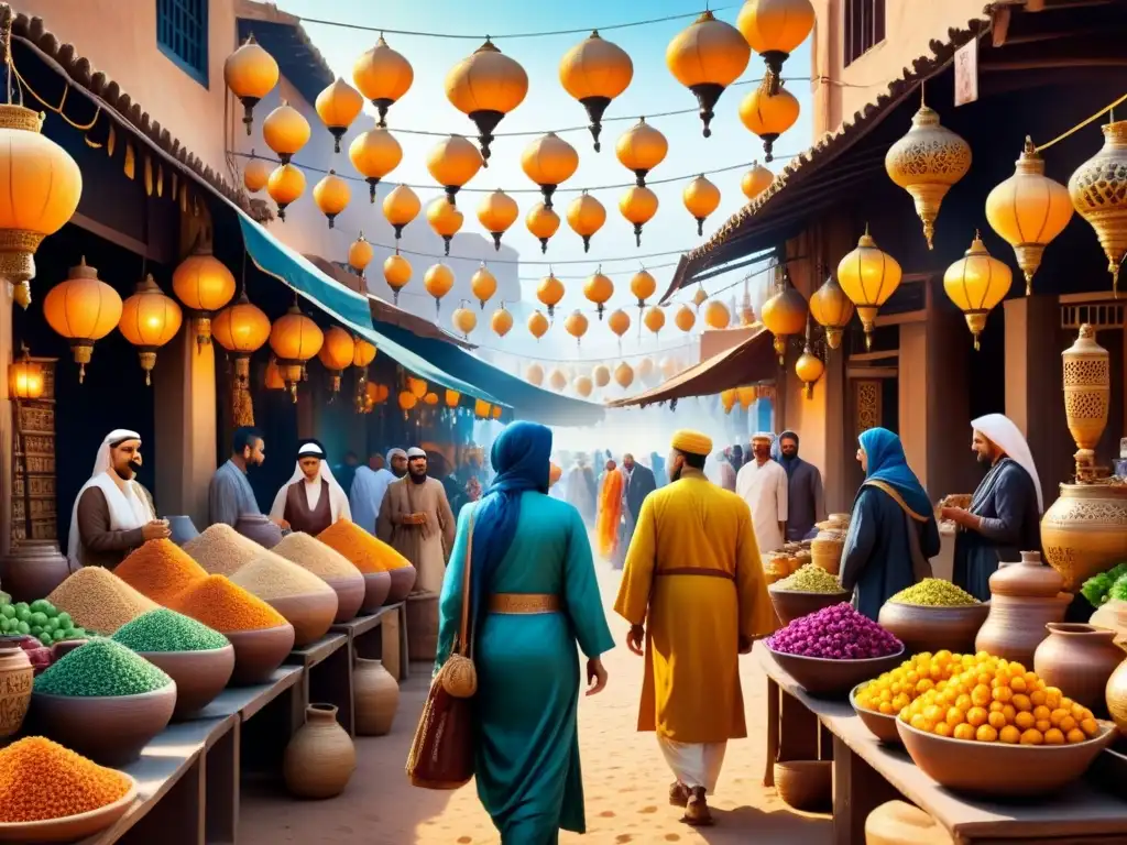 Un bullicioso mercado del Medio Oriente en acuarela, lleno de colores vibrantes y arte contemporáneo Medio Oriente