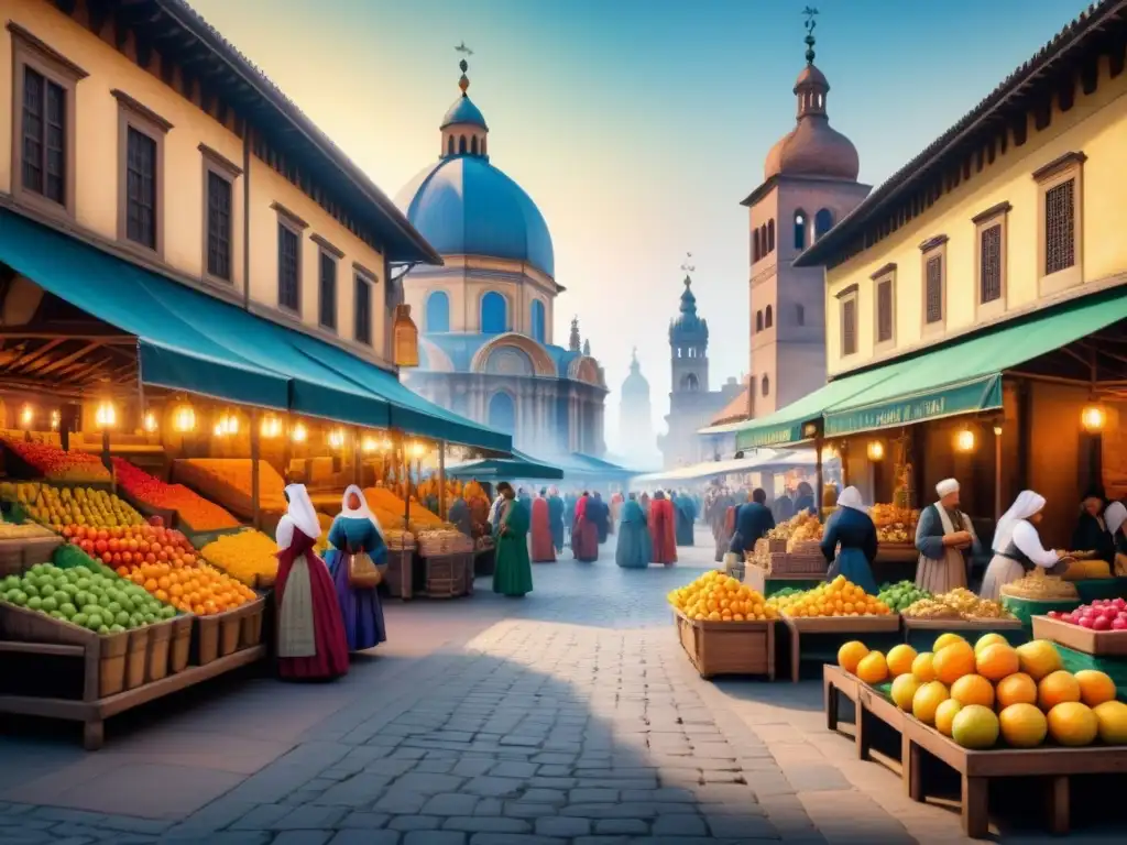 Un bullicioso mercado renacentista con tapestries coloridas y arquitectura majestuosa