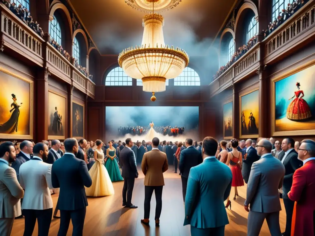 Un bullicioso salón de subastas de arte performance, con entusiastas pujando por una pieza cautivadora