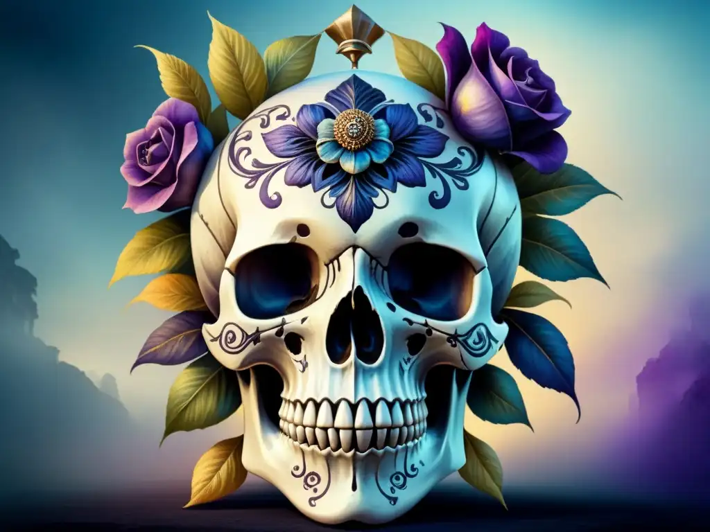 Una calavera bellamente inquietante con detalles florales, técnicas explorar belleza macabra arte