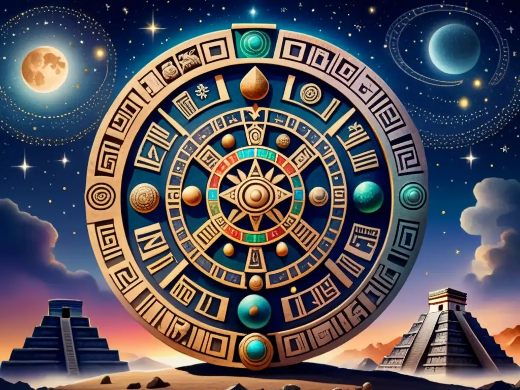 Calendarios y astronomía en civilizaciones antiguas: pintura detallada de calendario maya en acuarela, con símbolos y constelaciones