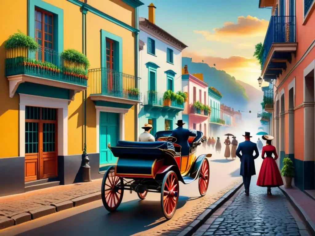 Pintura acuarela: Calle colonial vibrante en América del Sur Una calle bulliciosa de América del Sur en el siglo XIX, fusionando el Impresionismo europeo con la arquitectura y cultura local