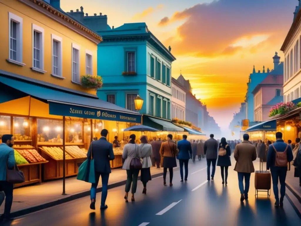 Una calle de ciudad bulliciosa llena de artistas y vibrantes lienzos bajo un atardecer dorado