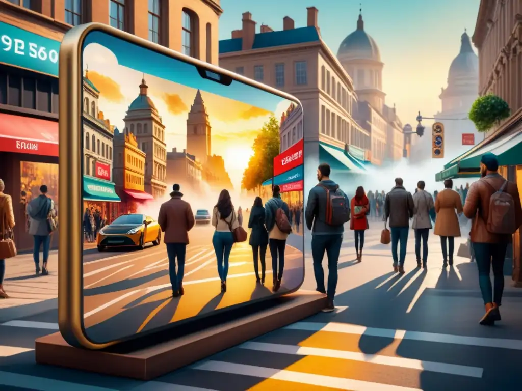 Una calle llena de vida con artistas emergentes y su arte en Realidad Aumentada