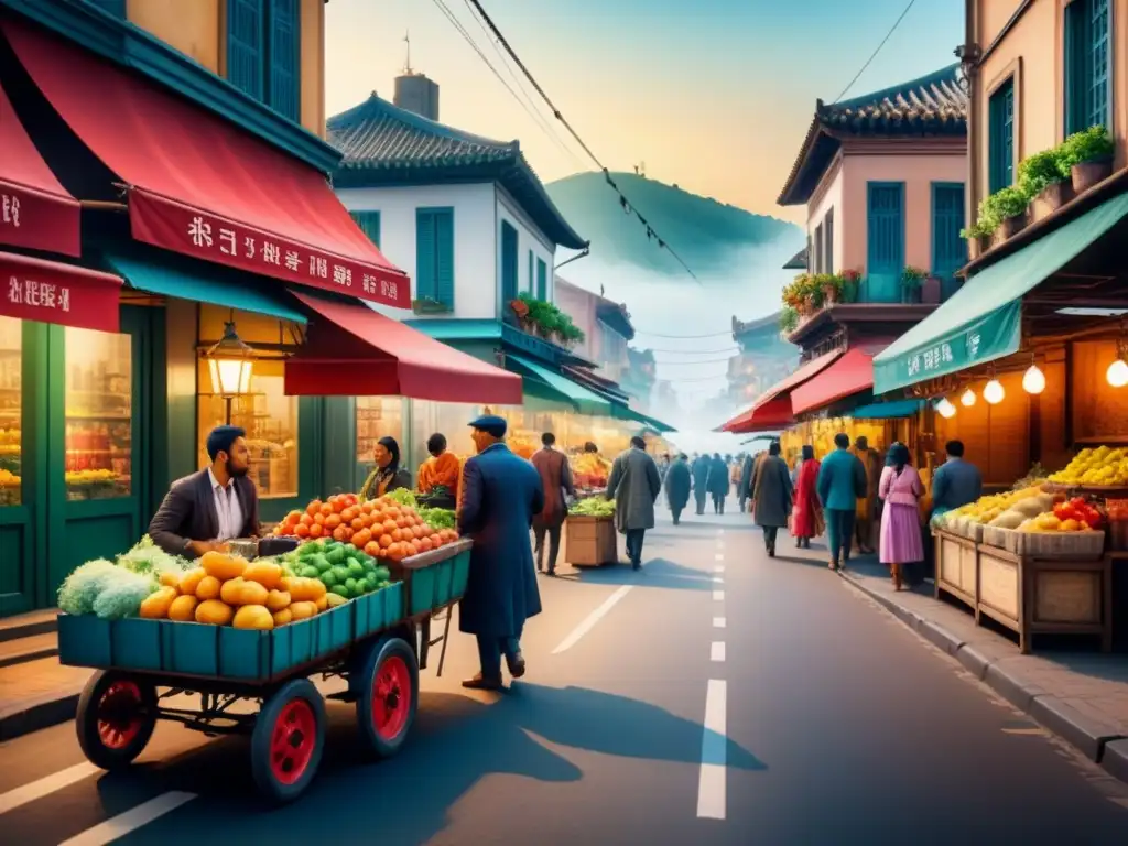 Pintura detallada de una calle urbana multicultural Una calle urbana bulliciosa con vendedores callejeros, arquitectura histórica y personas de diferentes etnias