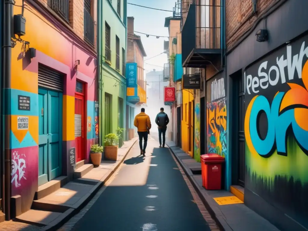 Un callejón de la ciudad revive con arte urbano, lleno de murales coloridos y detallados