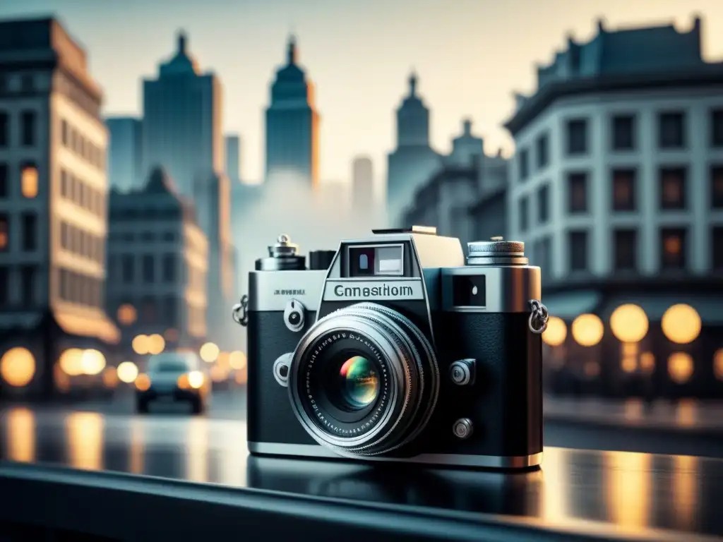 Una cámara vintage detallada frente a una ciudad en blanco y negro, evocando técnicas fotografía blanco y negro