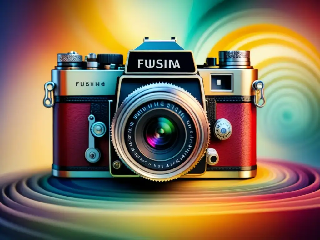 Una cámara vintage detallada rodeada de colores vibrantes simbolizando la fusión de la fotografía analógica en arte multimedia