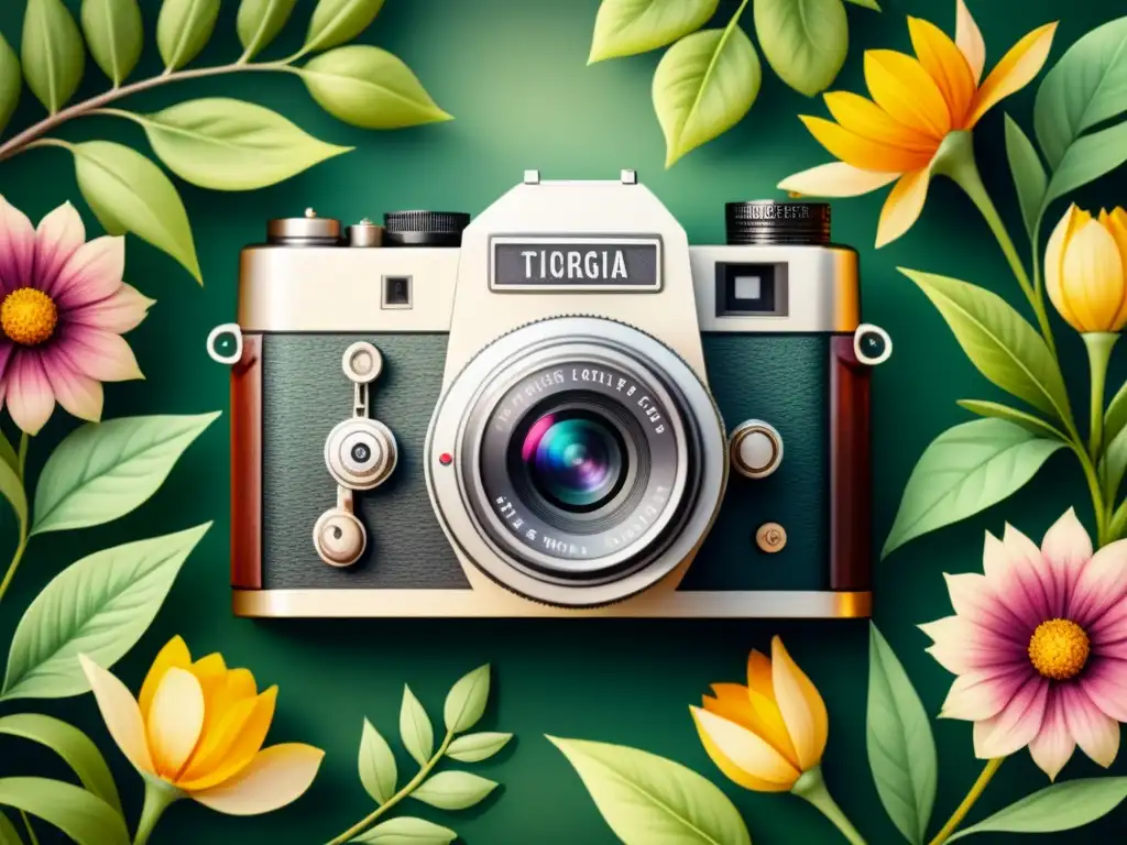 Una cámara vintage rodeada de flores y vegetación, capturando la esencia de la Fotografía Analógica en Era Digital