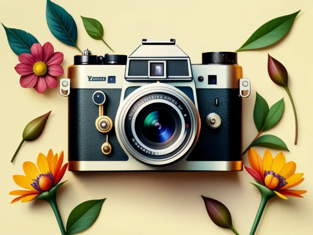 Una cámara vintage rodeada de flores vibrantes, capturando la esencia de la creatividad en técnicas fotografía analógica