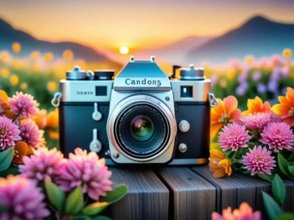 Una cámara vintage rodeada de flores, con el reflejo de un atardecer vibrante, evocando la nostalgia y creatividad en la fotografía analógica arte contemporáneo