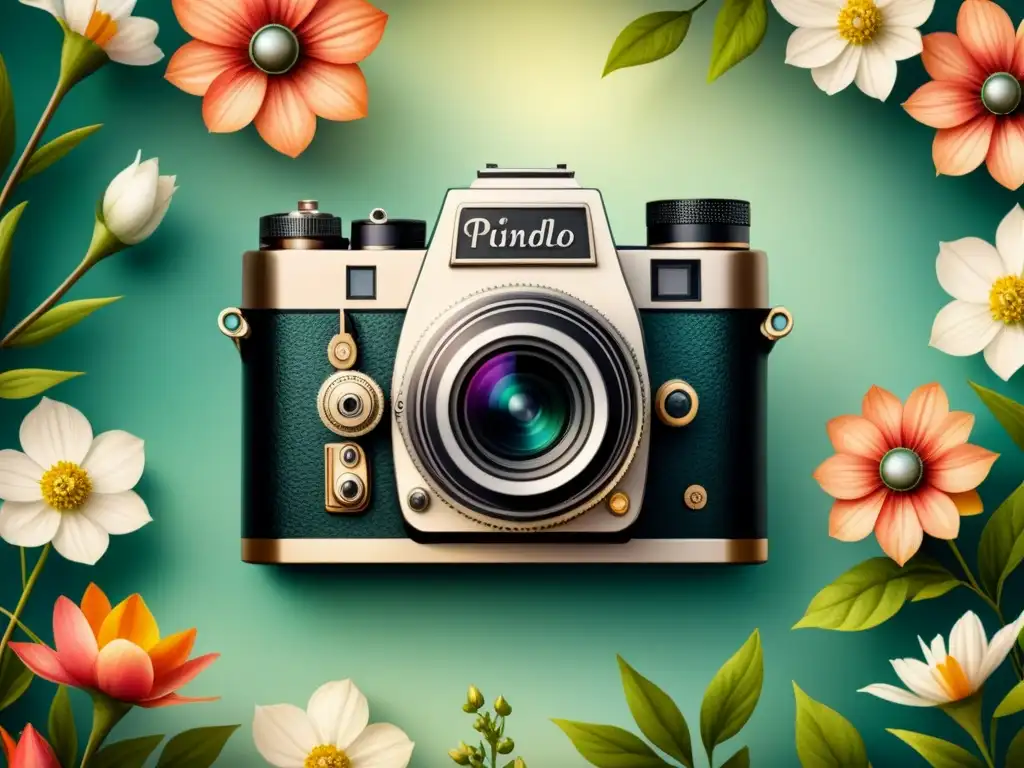 Una cámara vintage rodeada de flores, fusionando elementos de fotografía tradicional con la naturaleza