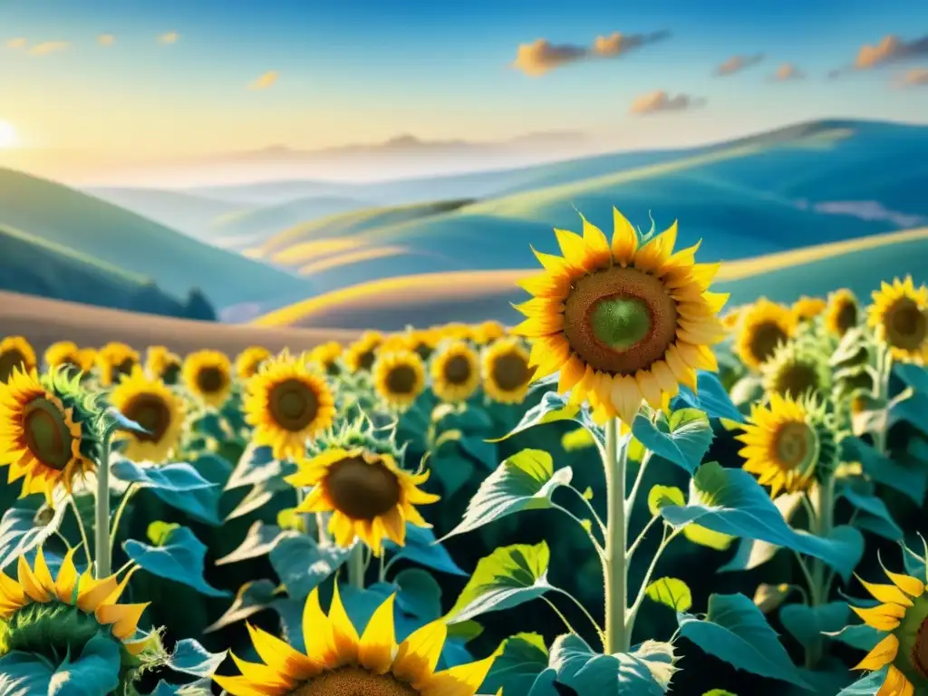 Campo de girasoles: acuarela vibrante y detallada Un campo de girasoles bañado por el sol con paleta colores PostImpresionistas