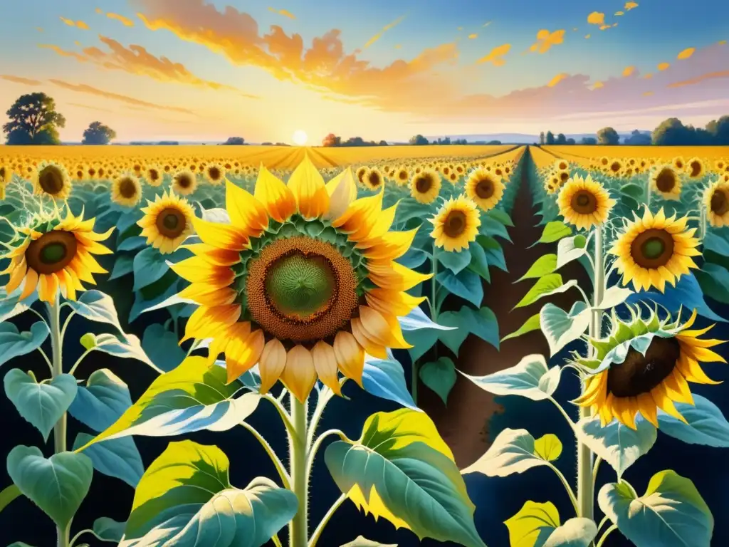 Campo de girasoles en atardecer dorado: acuarela detallada Un campo de girasoles vibrantes bajo un atardecer dorado