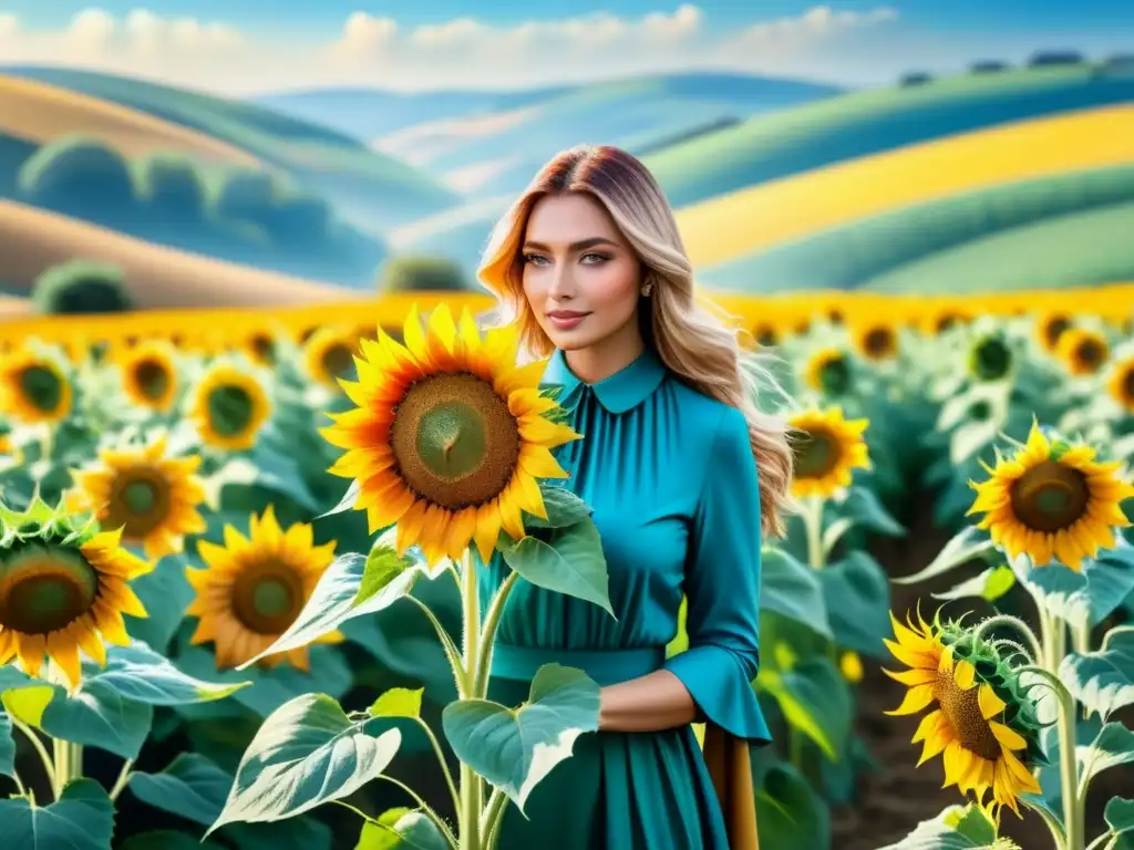 Un campo de girasoles vibrantes bajo un cielo azul, en una pintura acuarela detallada, que captura la identidad nacional en arte postimpresionismo