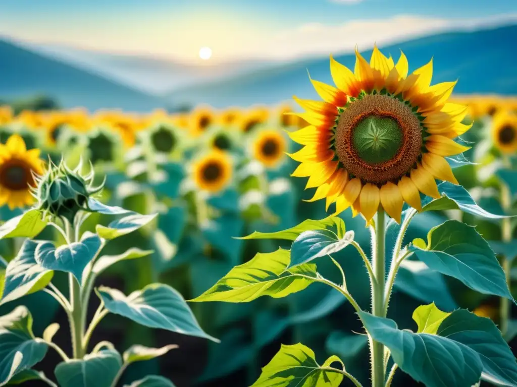 Un campo de girasoles vibrantes bajo un cielo azul, influencia del Postimpresionismo en Expresionismo