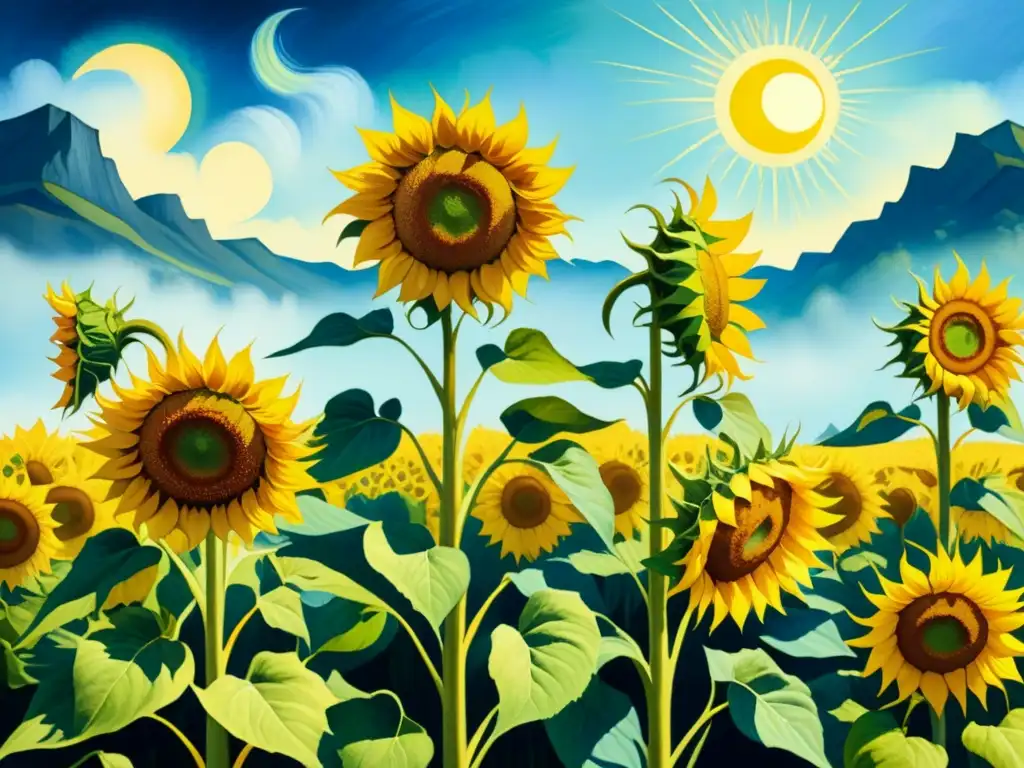 Un campo de girasoles vibrantes bajo el cielo azul, detallado al estilo de Van Gogh