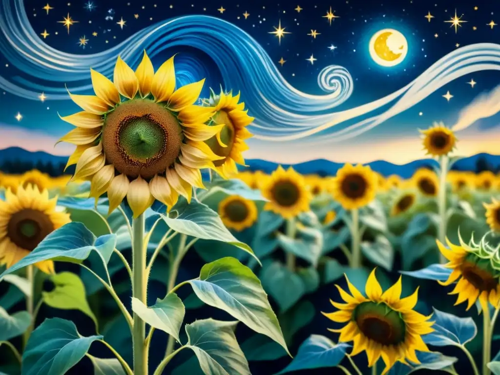 Campo de girasoles vibrantes bajo un cielo estrellado, influencia de Van Gogh en el Modernismo