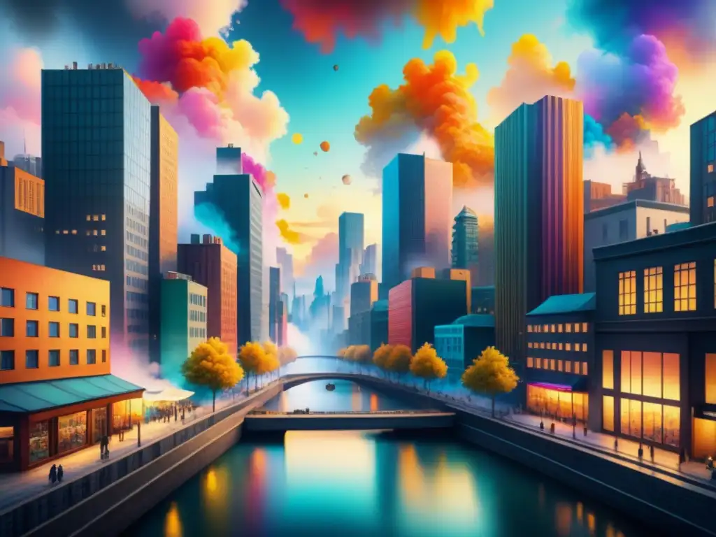 Un caótico paisaje urbano en acuarela, reflejando el flujo de conciencia en arte con colores vibrantes y formas abstractas