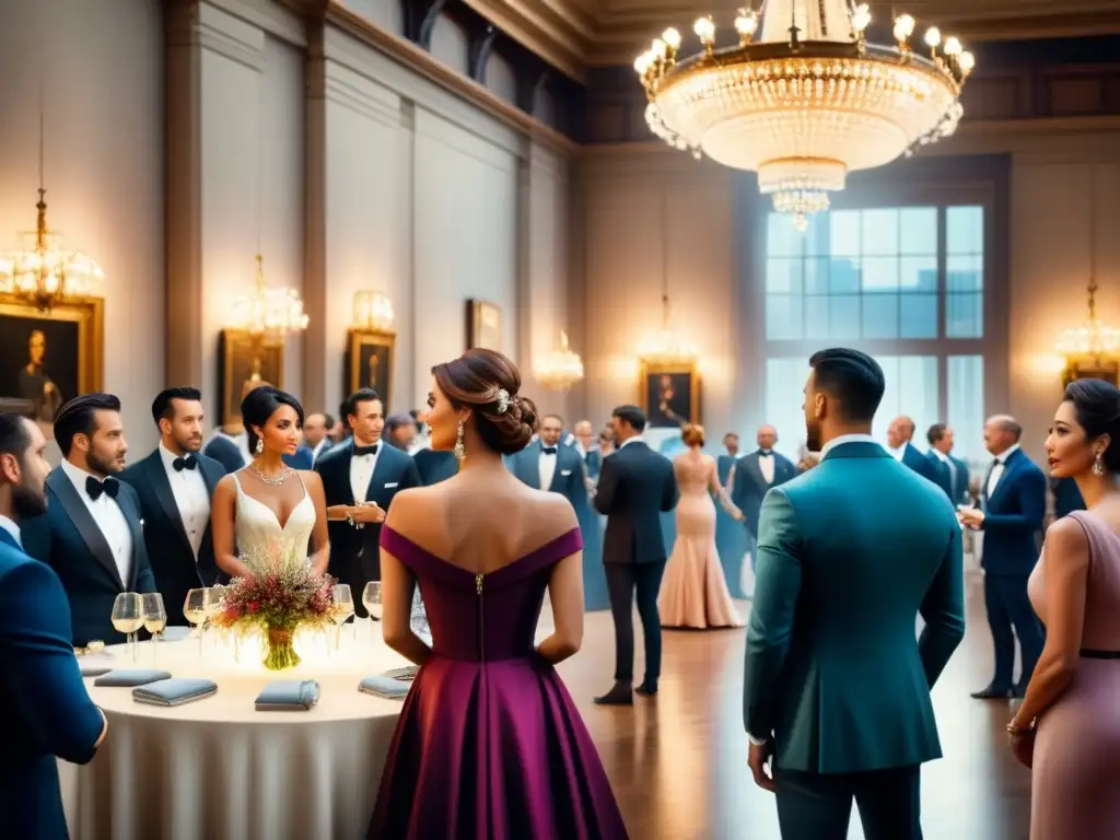 En una casa de subastas de arte bulliciosa, elegantes clientes pujan por piezas exquisitas bajo la luz suave de candelabros