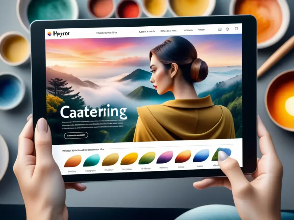 Explora catálogos de arte digitales con obras vibrantes y detalladas, fusionando tradición y tecnología en un tablet moderno
