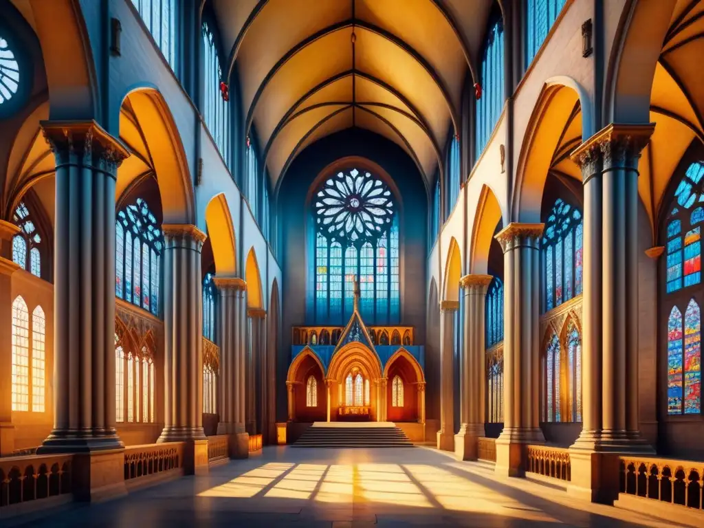 Una catedral renacentista iluminada por la luz dorada del atardecer, fusionando lo sagrado y lo profano con arte