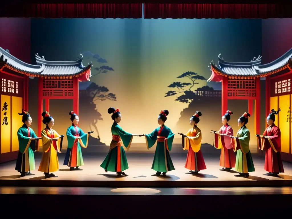 Un cautivador espectáculo de sombras chinas en un escenario iluminado con vivos colores y figuras detalladas