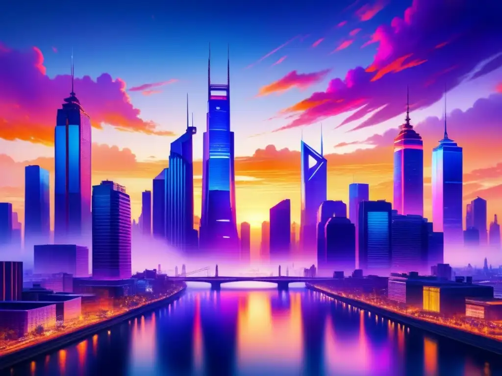 Una cautivadora pintura acuarela de una ciudad futurista al anochecer, reflejando rascacielos iluminados por luces neón sobre un río tranquilo